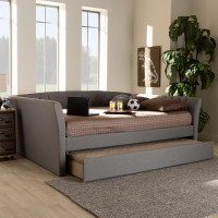 Baxton Studio CF9044-Light Grey-Daybed-Q/T Delora Modern and Contemporary Light Grey Fabric Upholstered Queen Size Daybed with Roll-Out Trundle Bed
